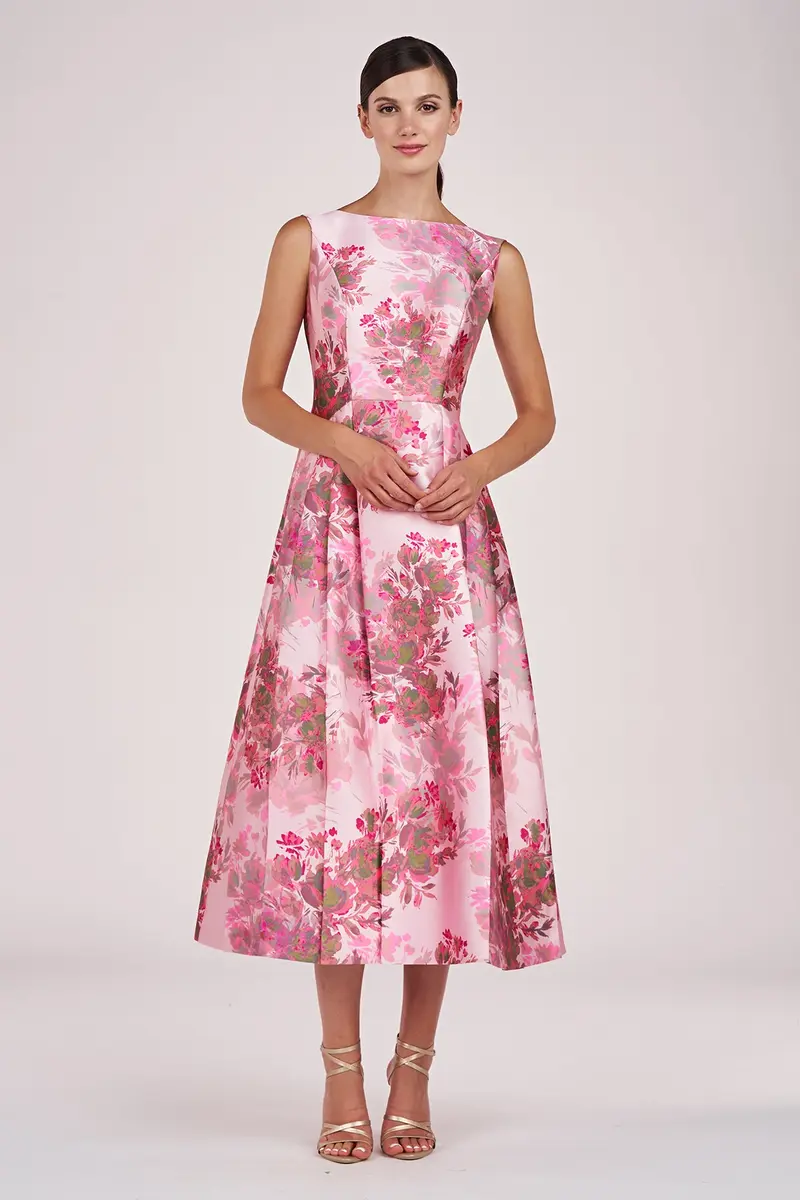 Abstract Rose Mikado Tea-Length Dress with Bateau Neck