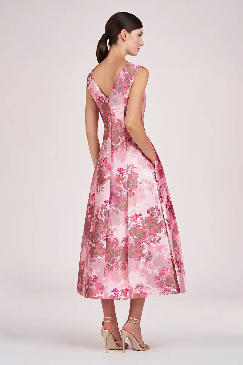 Abstract Rose Mikado Tea-Length Dress with Bateau Neck 2