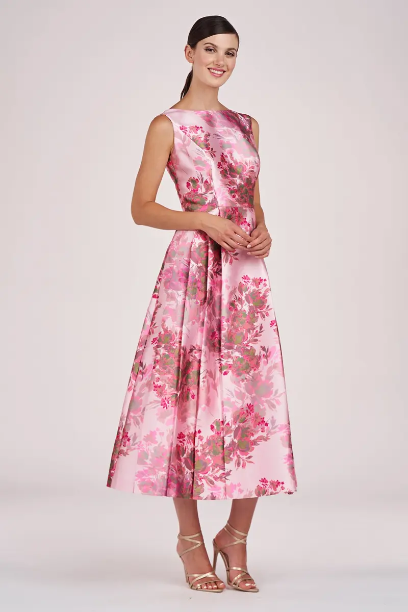 Abstract Rose Mikado Tea-Length Dress with Bateau Neck