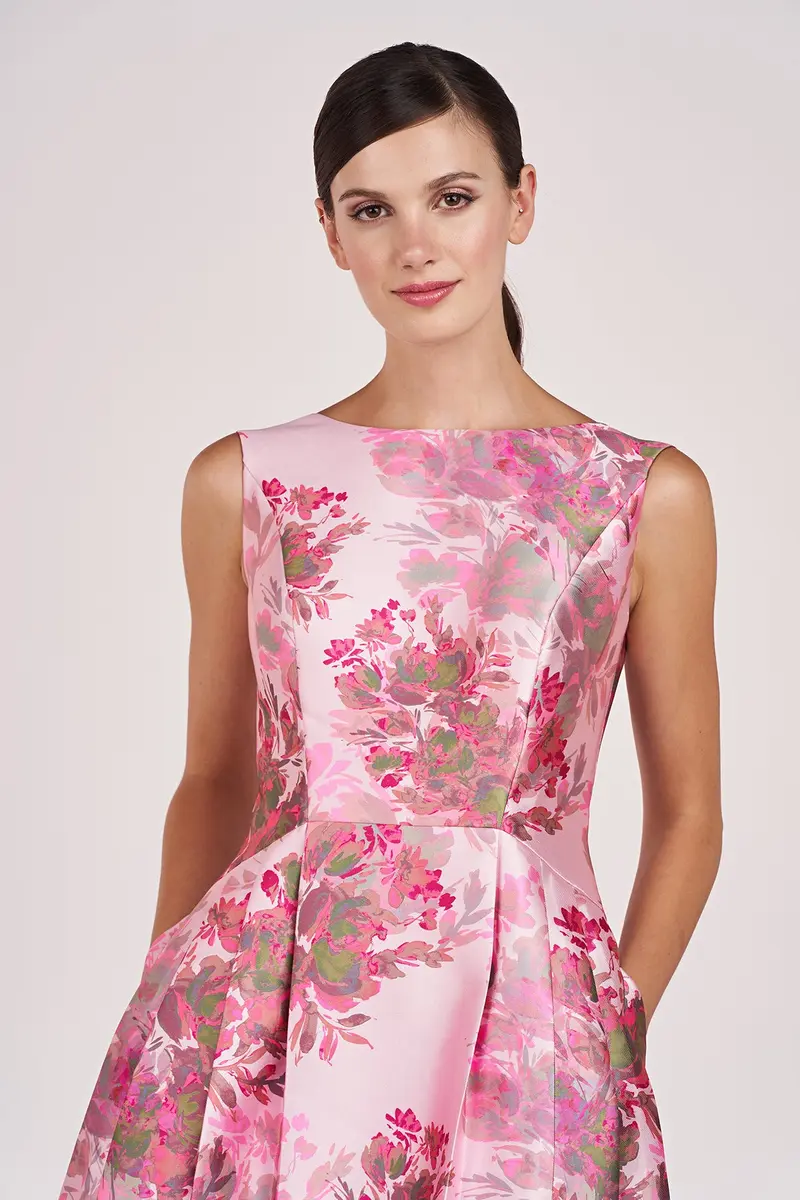 Abstract Rose Mikado Tea-Length Dress with Bateau Neck