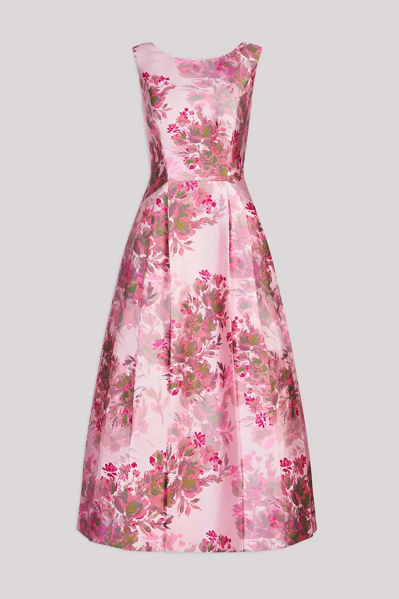 Abstract Rose Mikado Tea-Length Dress with Bateau Neck