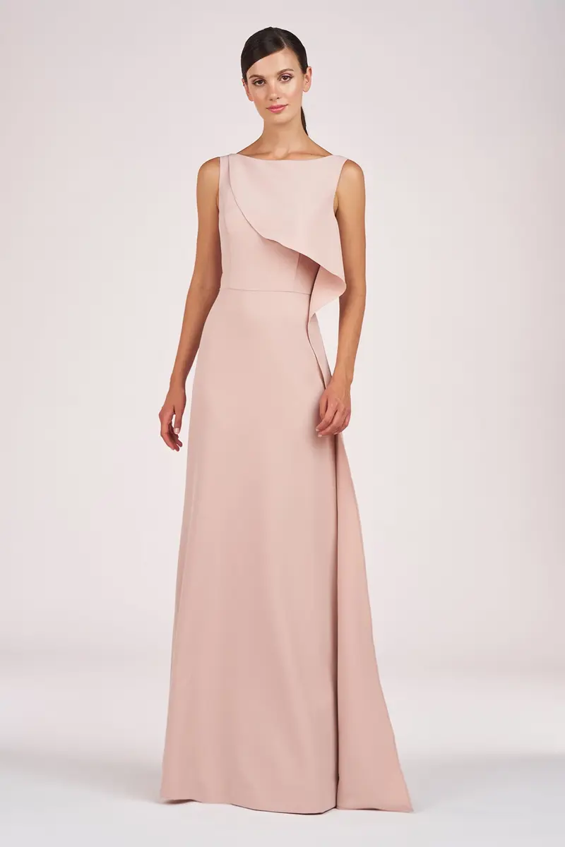 Anabella Bateau-Neck Flared Gown with Ruffled Hem