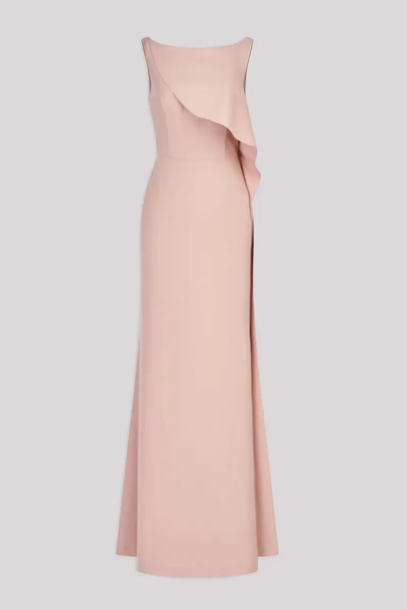Anabella Bateau-Neck Flared Gown with Ruffled Hem