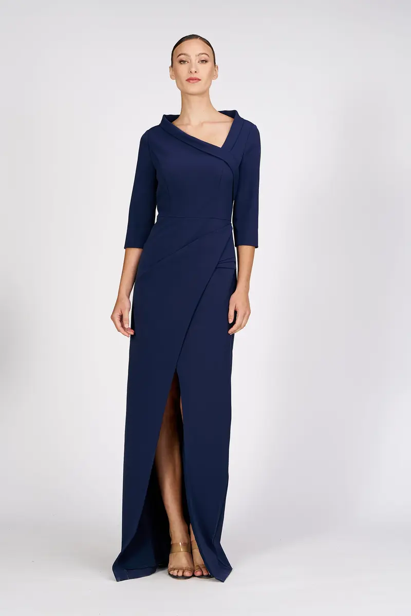 Asymmetrical Stretch-Crepe Evening Gown with Pleated Skirt