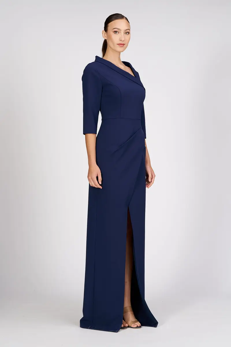 Asymmetrical Stretch-Crepe Evening Gown with Pleated Skirt