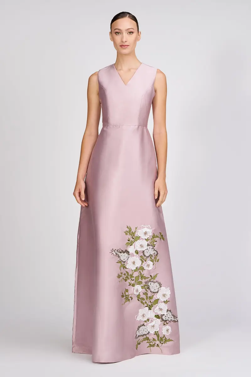 Aurelia Lustrous Taffeta Gown with Floral Embroidery and 3D Accents