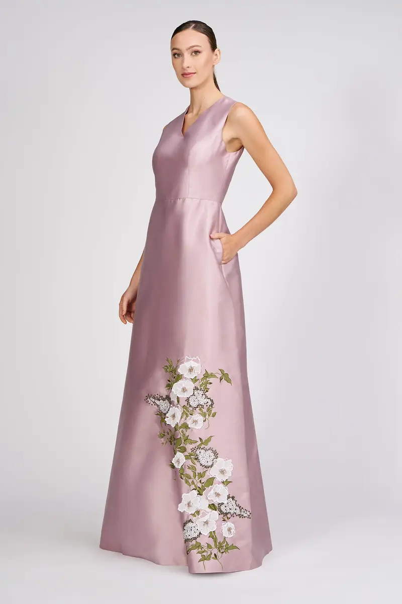 Aurelia Lustrous Taffeta Gown with Floral Embroidery and 3D Accents