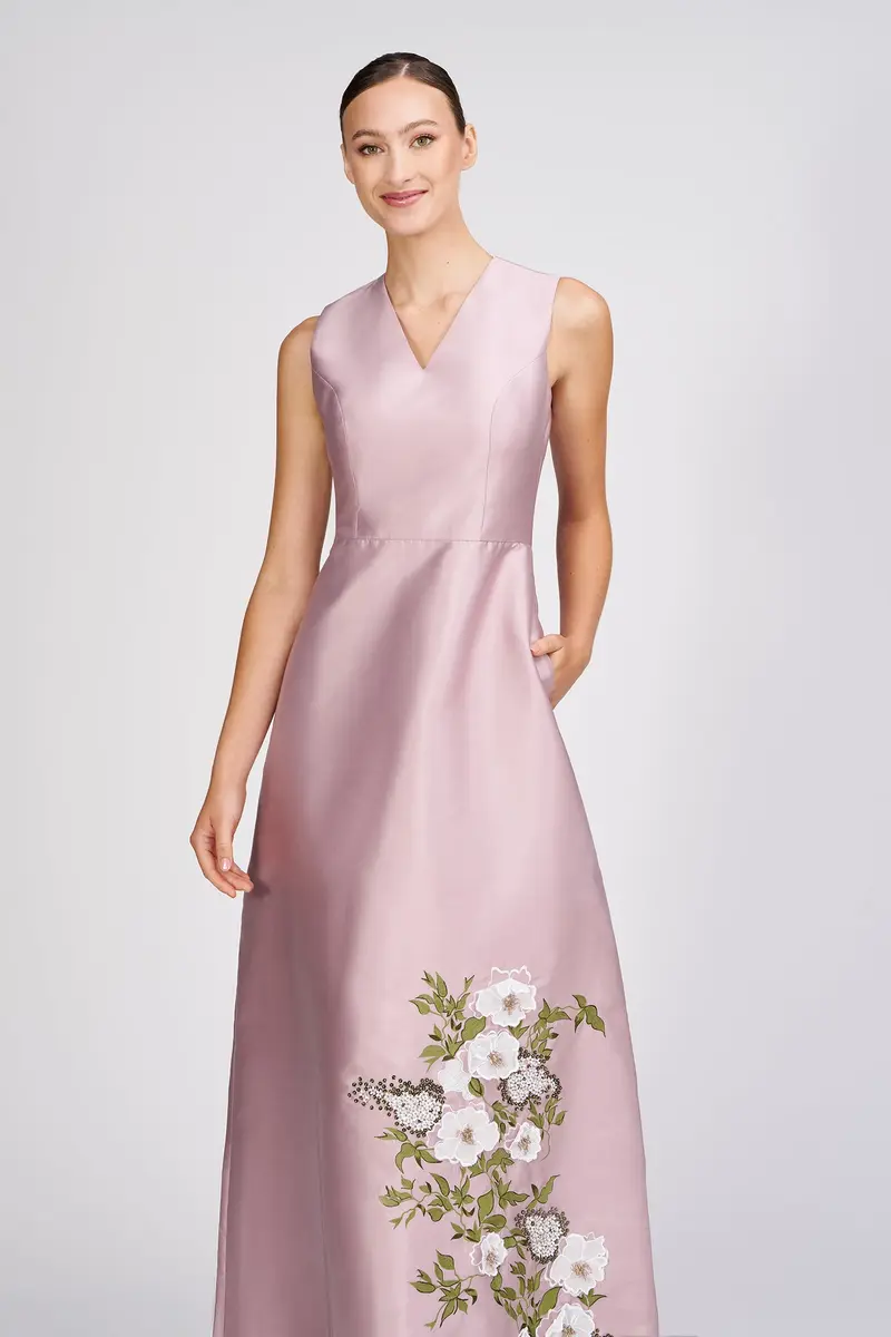 Aurelia Lustrous Taffeta Gown with Floral Embroidery and 3D Accents