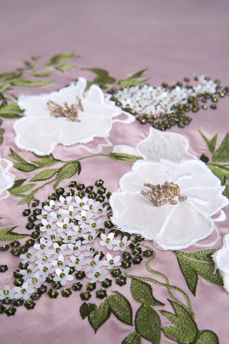 Aurelia Lustrous Taffeta Gown with Floral Embroidery and 3D Accents
