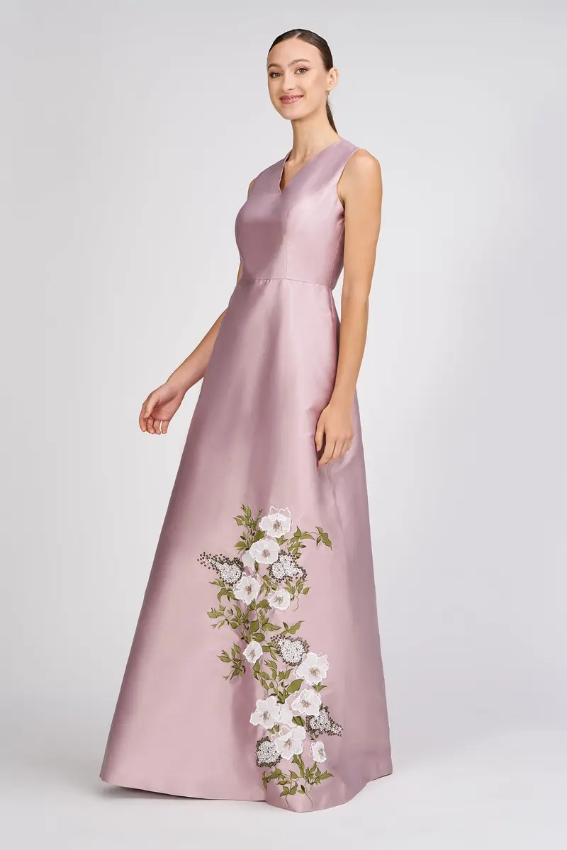 Aurelia Lustrous Taffeta Gown with Floral Embroidery and 3D Accents