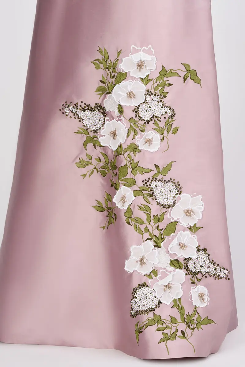 Aurelia Lustrous Taffeta Gown with Floral Embroidery and 3D Accents