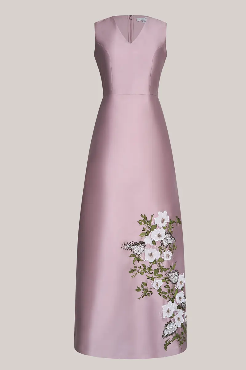 Aurelia Lustrous Taffeta Gown with Floral Embroidery and 3D Accents