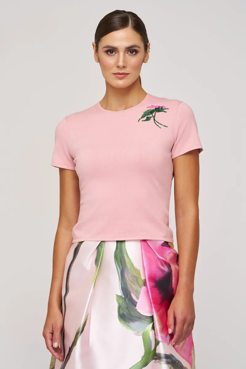 Blanche Embroidered Short-Sleeve Rib Knit Top