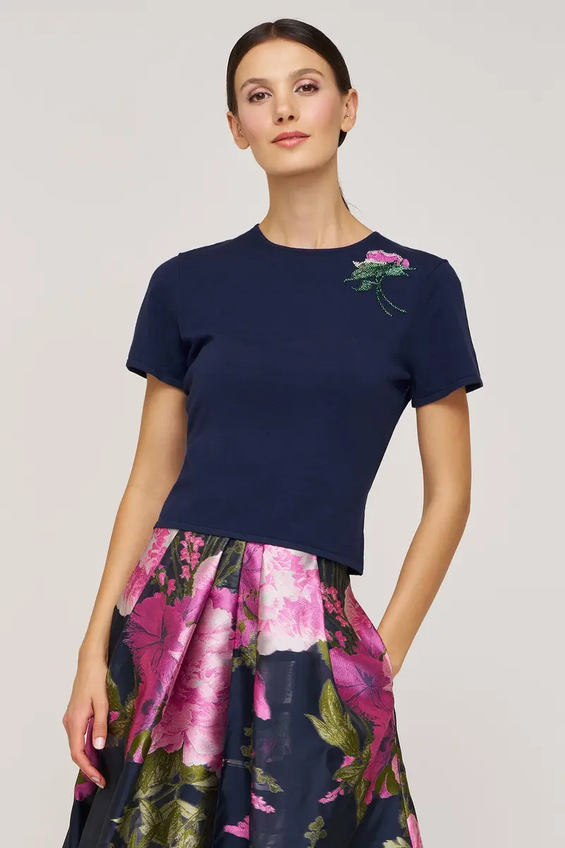 Blanche Floral-Embellished Ribbed Knit Top