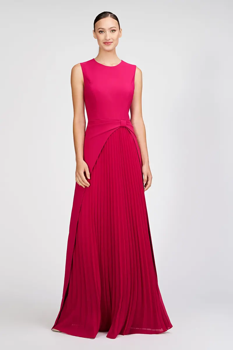 Brielle Structured Stretch Crepe Gown with Pleated Chiffon Skirt