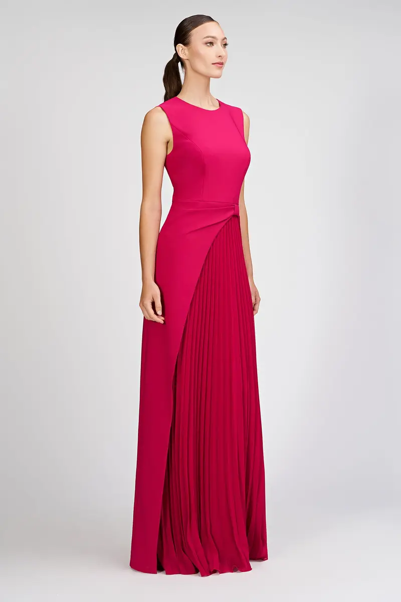 Brielle Structured Stretch Crepe Gown with Pleated Chiffon Skirt