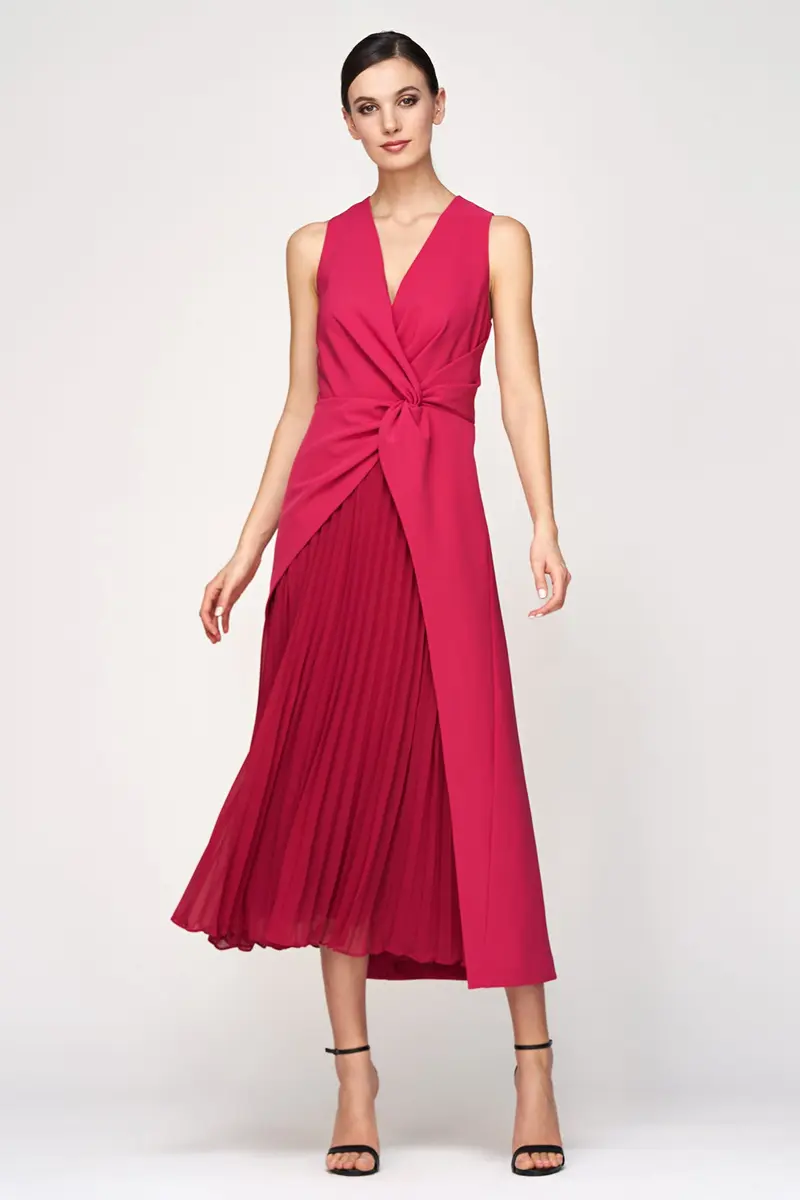 Bright Rose Stretch Crepe Tea-Length Dress with Asymmetric Overskirt