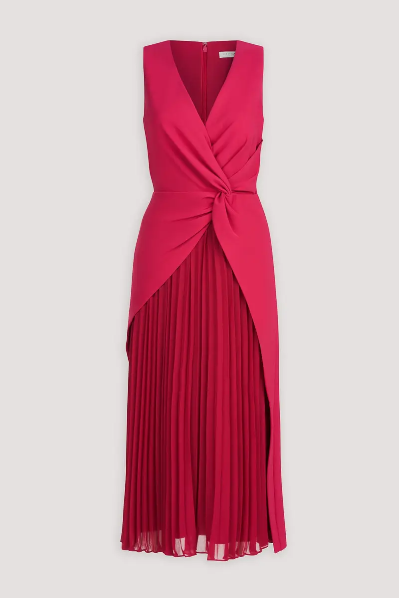 Bright Rose Stretch Crepe Tea-Length Dress with Asymmetric Overskirt