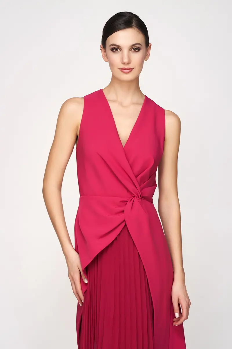 Bright Rose Stretch Crepe Tea-Length Dress with Asymmetric Overskirt 2