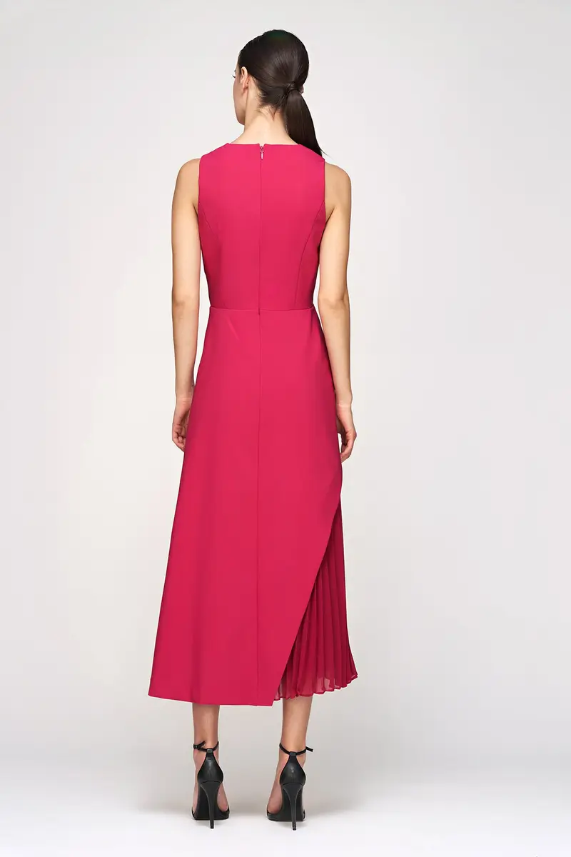 Bright Rose Stretch Crepe Tea-Length Dress with Asymmetric Overskirt