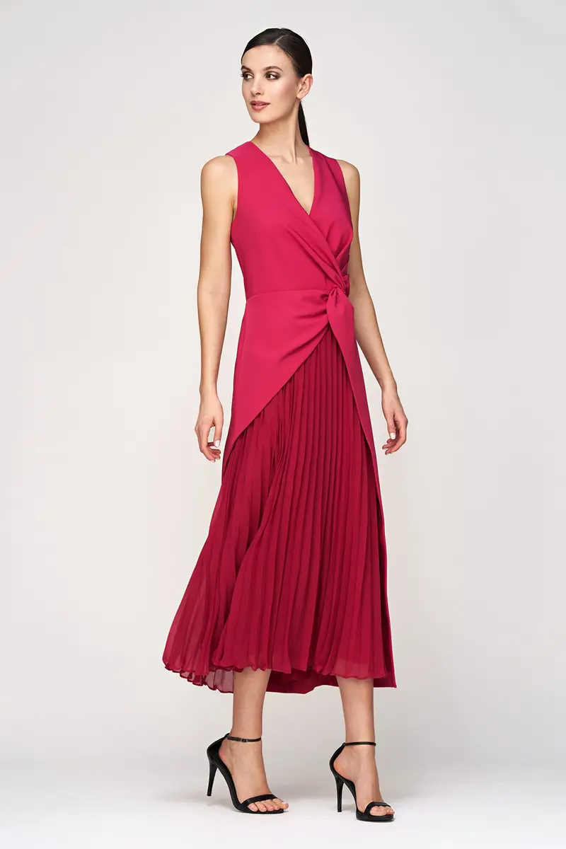 Bright Rose Stretch Crepe Tea-Length Dress with Asymmetric Overskirt