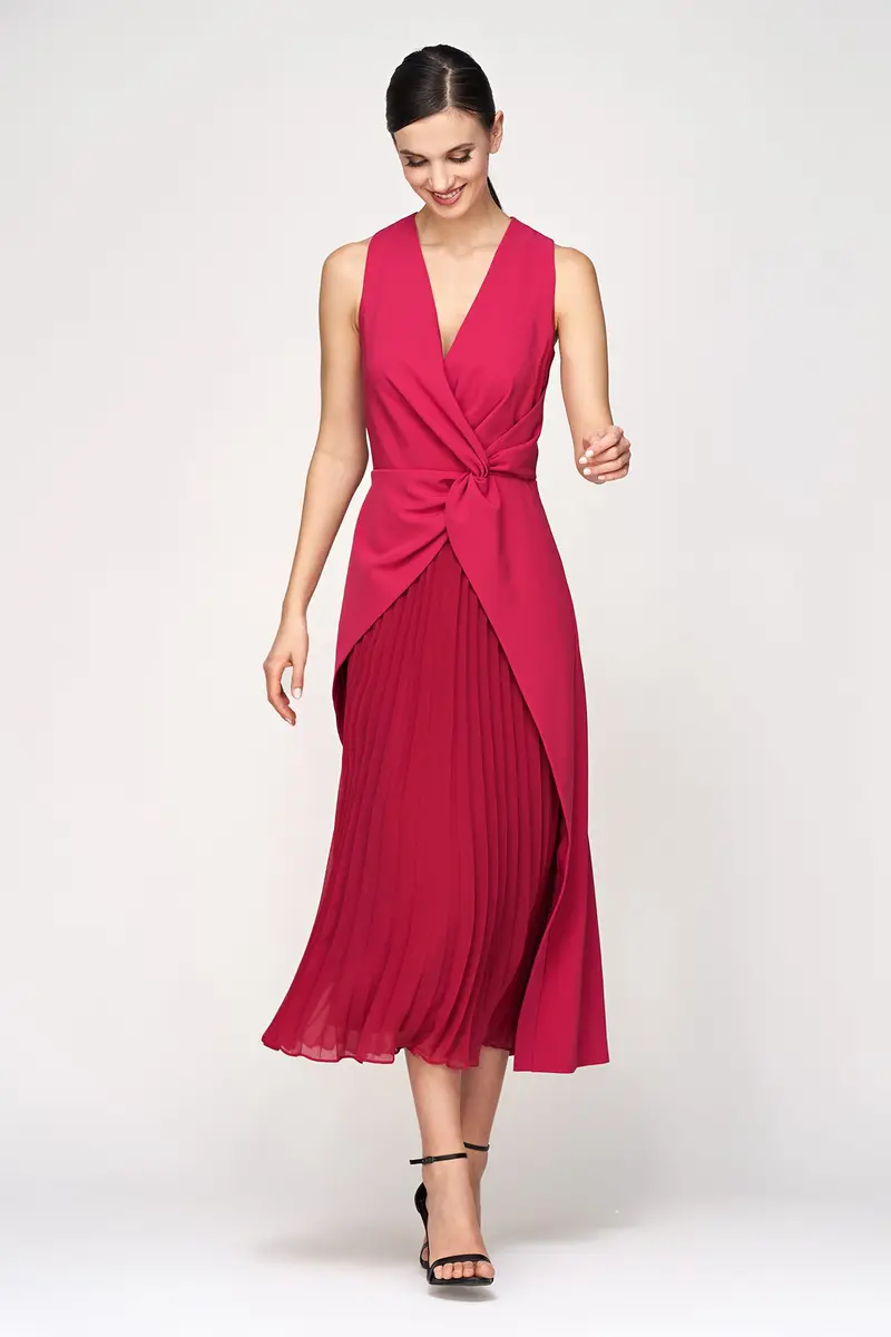 Bright Rose Stretch Crepe Tea-Length Dress with Asymmetric Overskirt