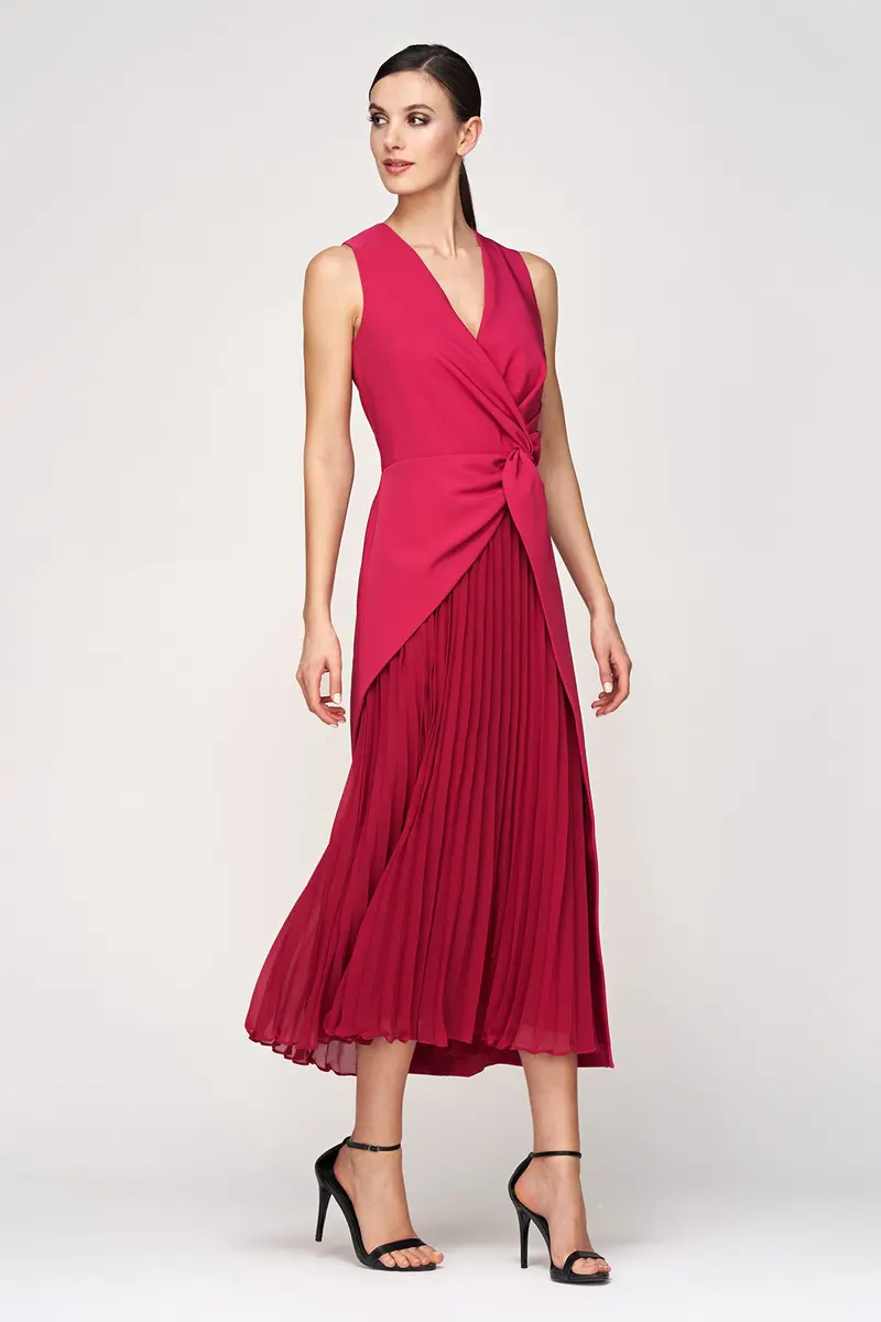 Bright Rose Stretch Crepe Tea-Length Dress with Asymmetric Overskirt