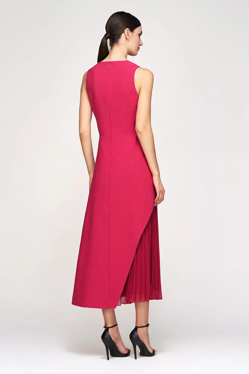 Bright Rose Stretch Crepe Tea-Length Dress with Asymmetric Overskirt