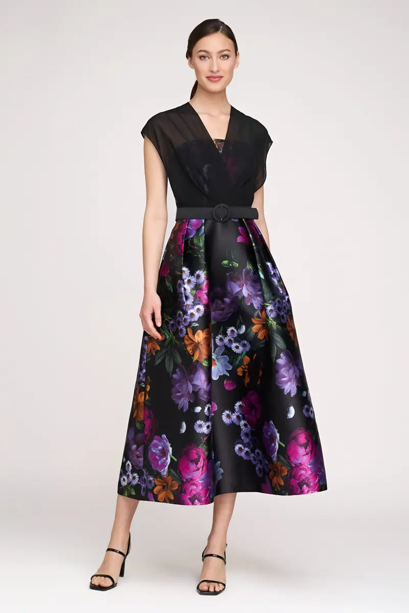 Brigid Winter Peony Print Tea-Length Dress with Chiffon Overlay