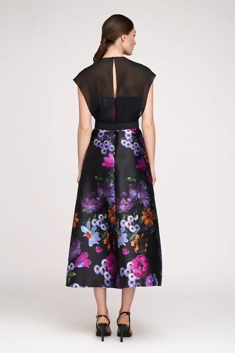 Brigid Winter Peony Print Tea-Length Dress with Chiffon Overlay 2