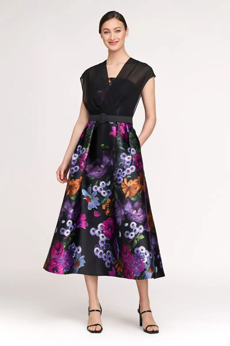 Brigid Winter Peony Print Tea-Length Dress with Chiffon Overlay