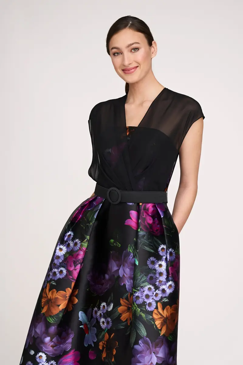 Brigid Winter Peony Print Tea-Length Dress with Chiffon Overlay