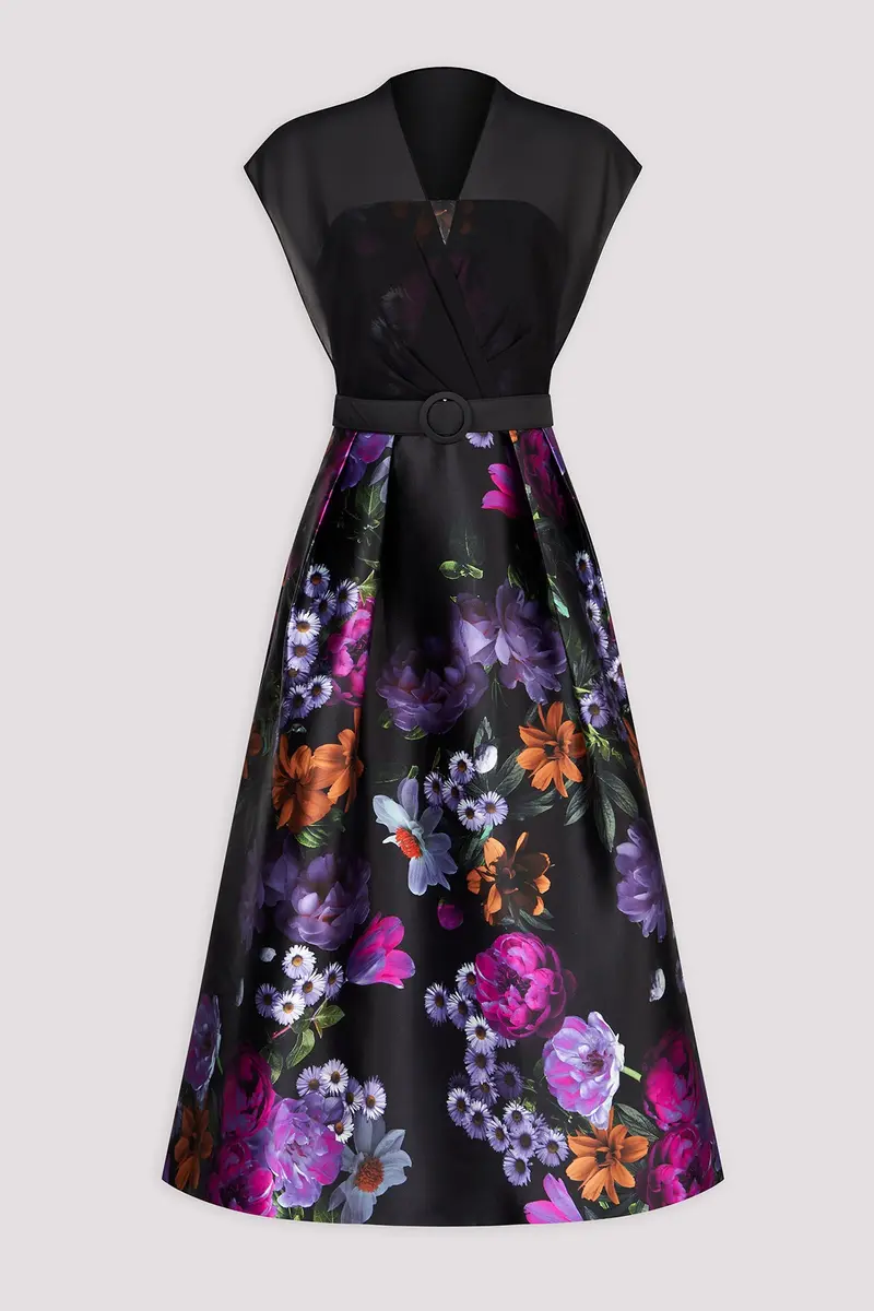 Brigid Winter Peony Print Tea-Length Dress with Chiffon Overlay