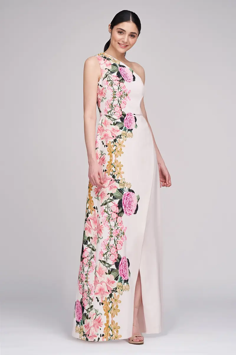 Carissa English Garden Print One-Shoulder Tulip Gown