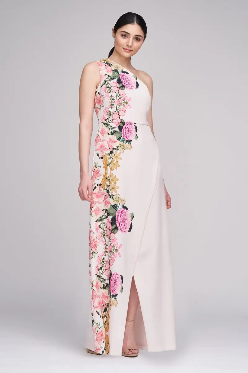 Carissa English Garden Print One-Shoulder Tulip Gown