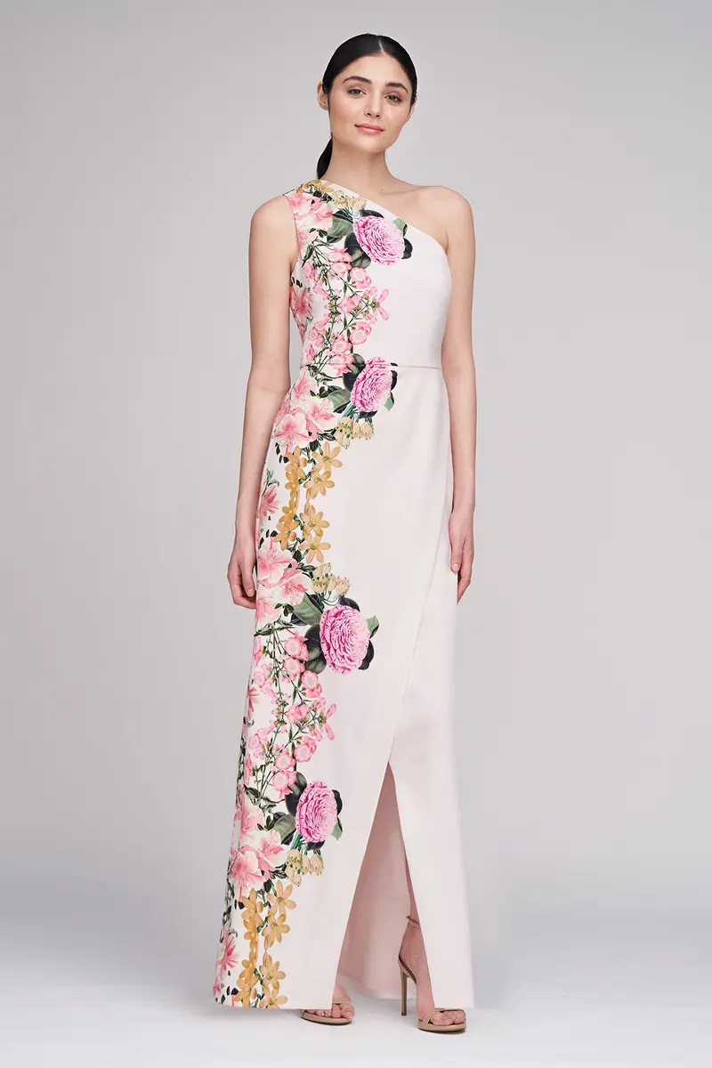 Carissa English Garden Print One-Shoulder Tulip Gown