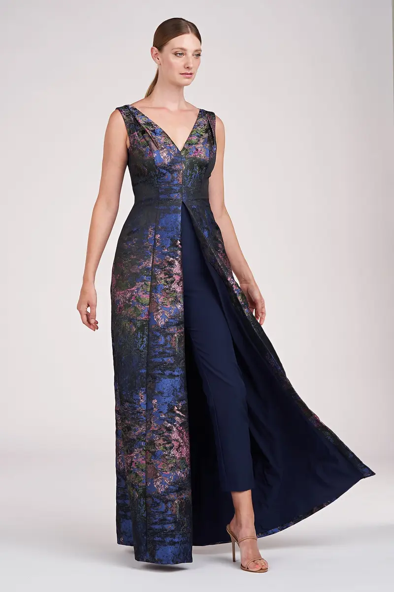 Clark Jacquard Floor-Length Jumpsuit with V-Neck