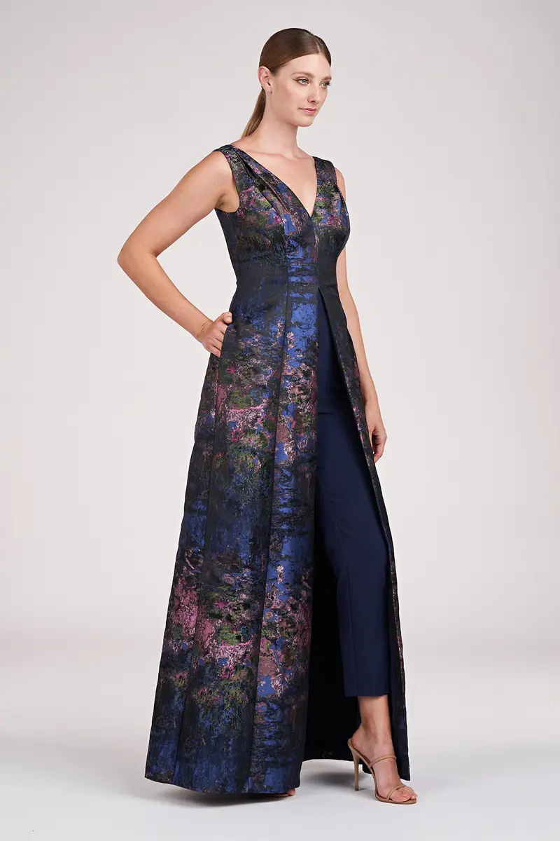Clark Jacquard Floor-Length Jumpsuit with V-Neck