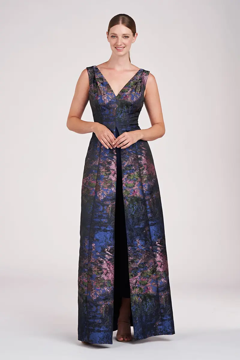 Clark Jacquard Floor-Length Jumpsuit with V-Neck