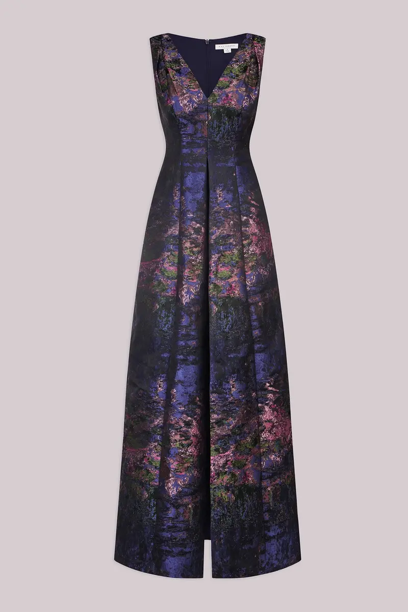 Clark Jacquard Floor-Length Jumpsuit with V-Neck