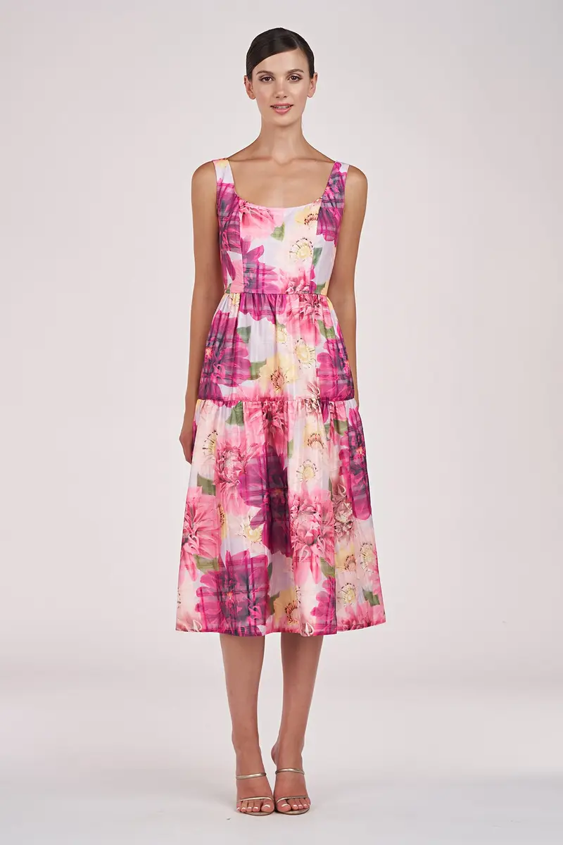 Dahlia-Print Plaid Organza Midi Dress with Scoop Neck