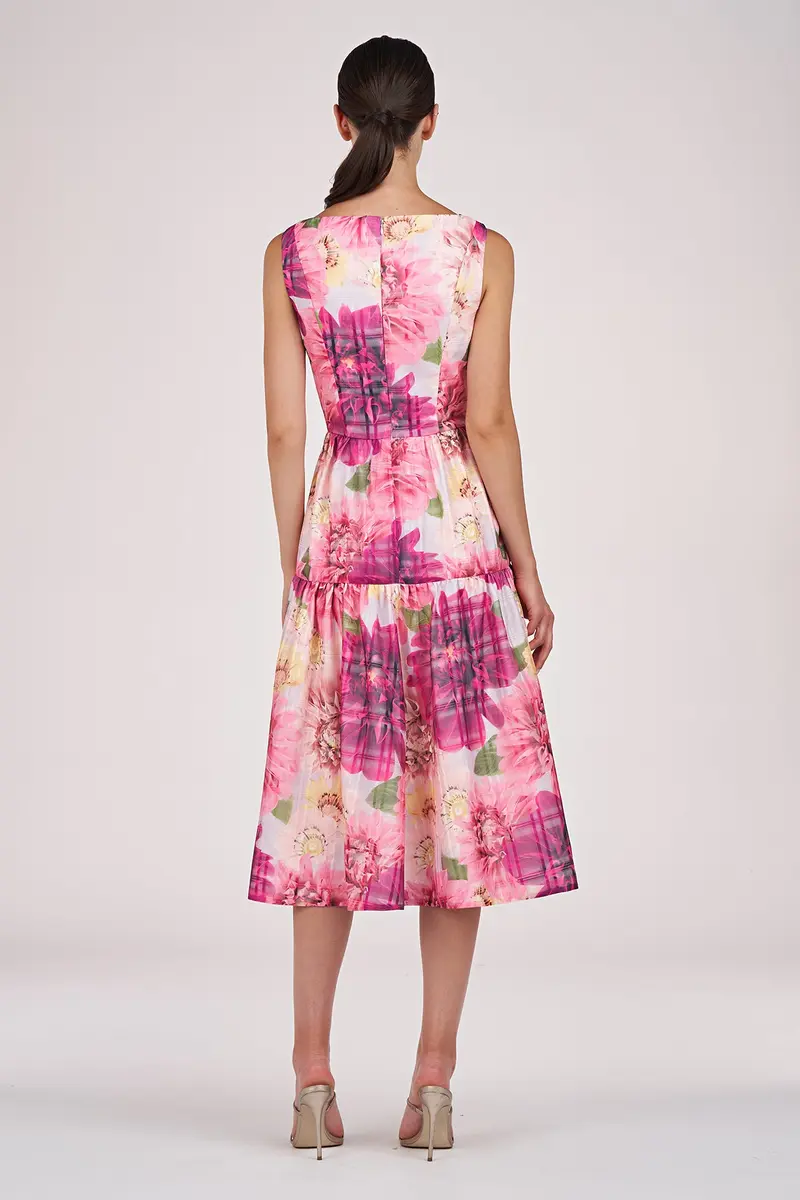 Dahlia-Print Plaid Organza Midi Dress with Scoop Neck