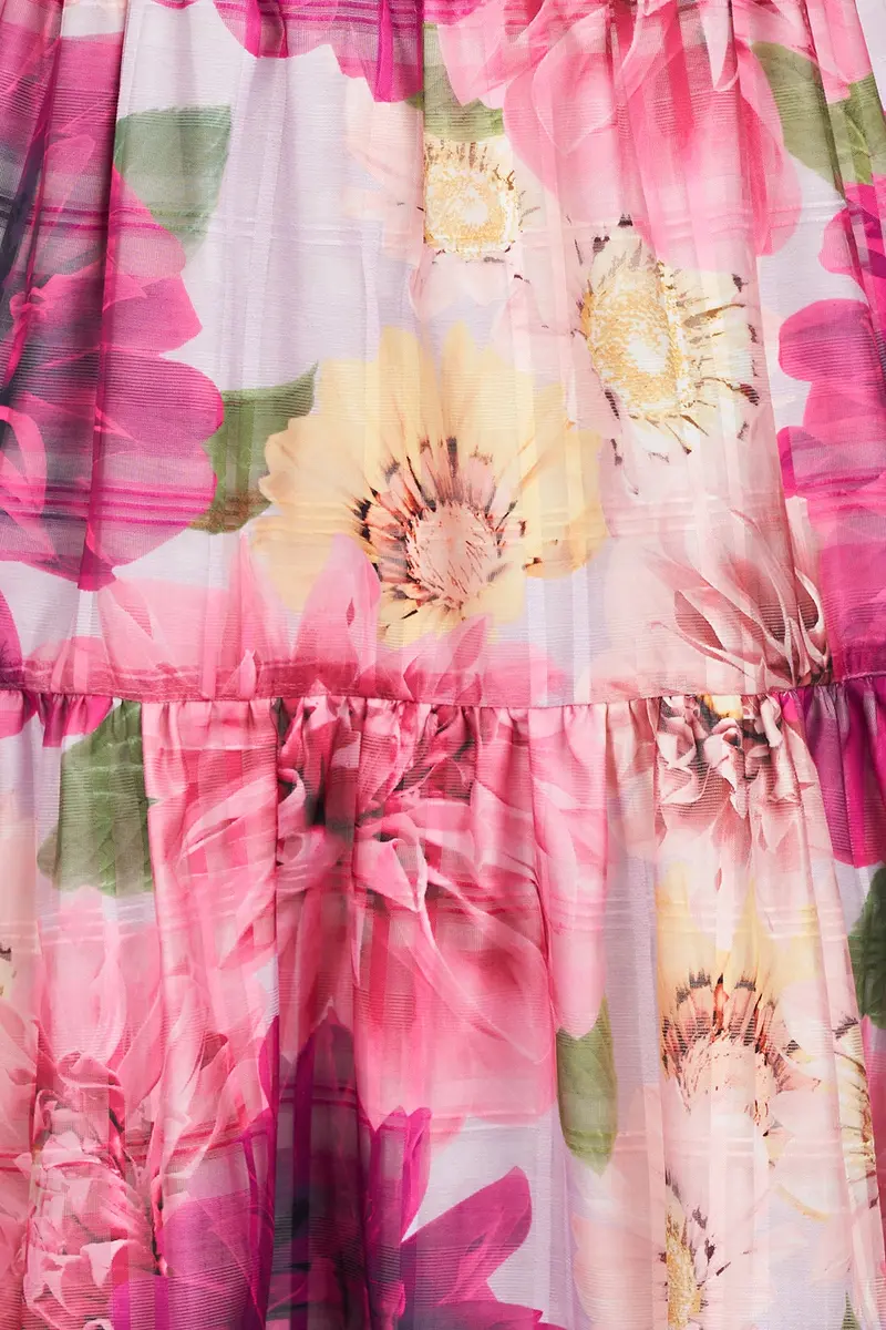Dahlia-Print Plaid Organza Midi Dress with Scoop Neck