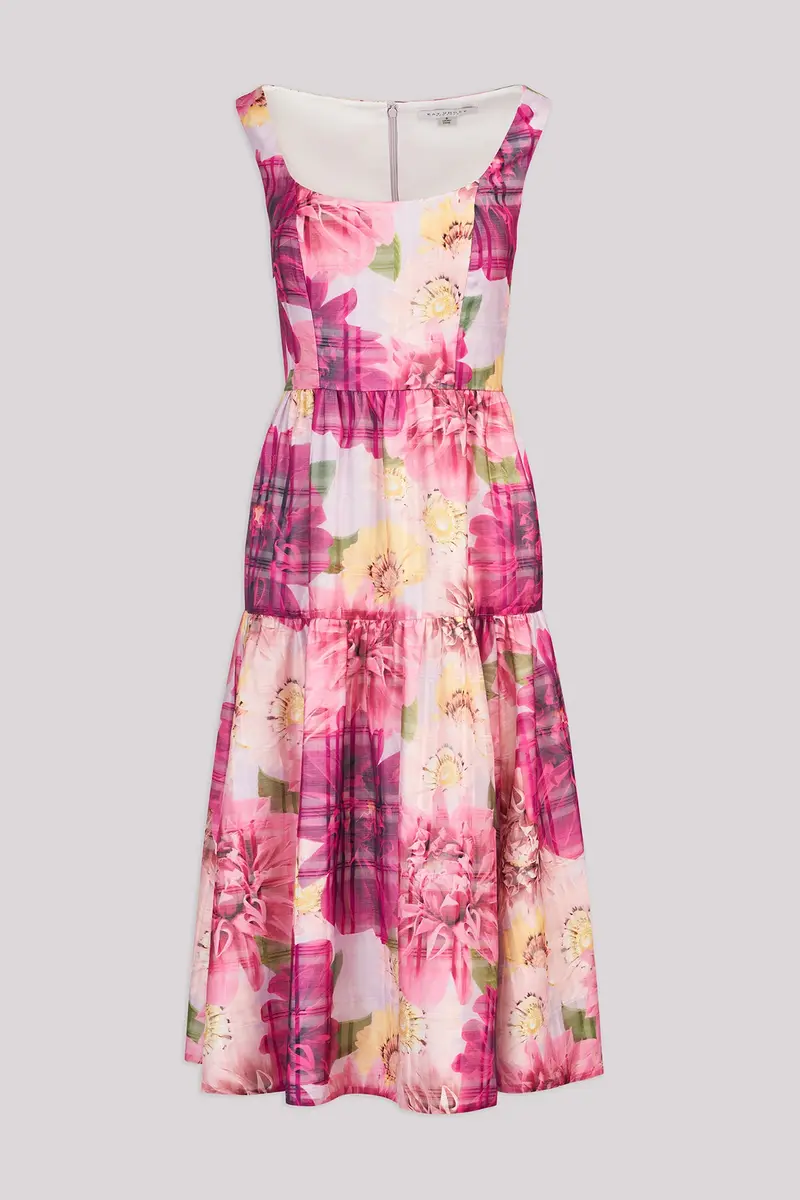 Dahlia-Print Plaid Organza Midi Dress with Scoop Neck