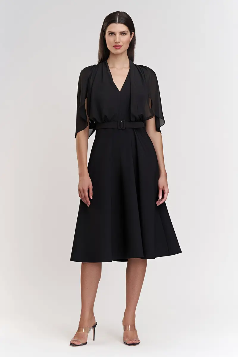 Deanna Stretch Crepe Midi Dress with Chiffon Capelet