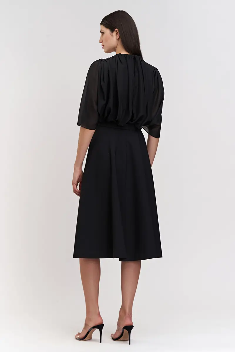 Deanna Stretch Crepe Midi Dress with Chiffon Capelet