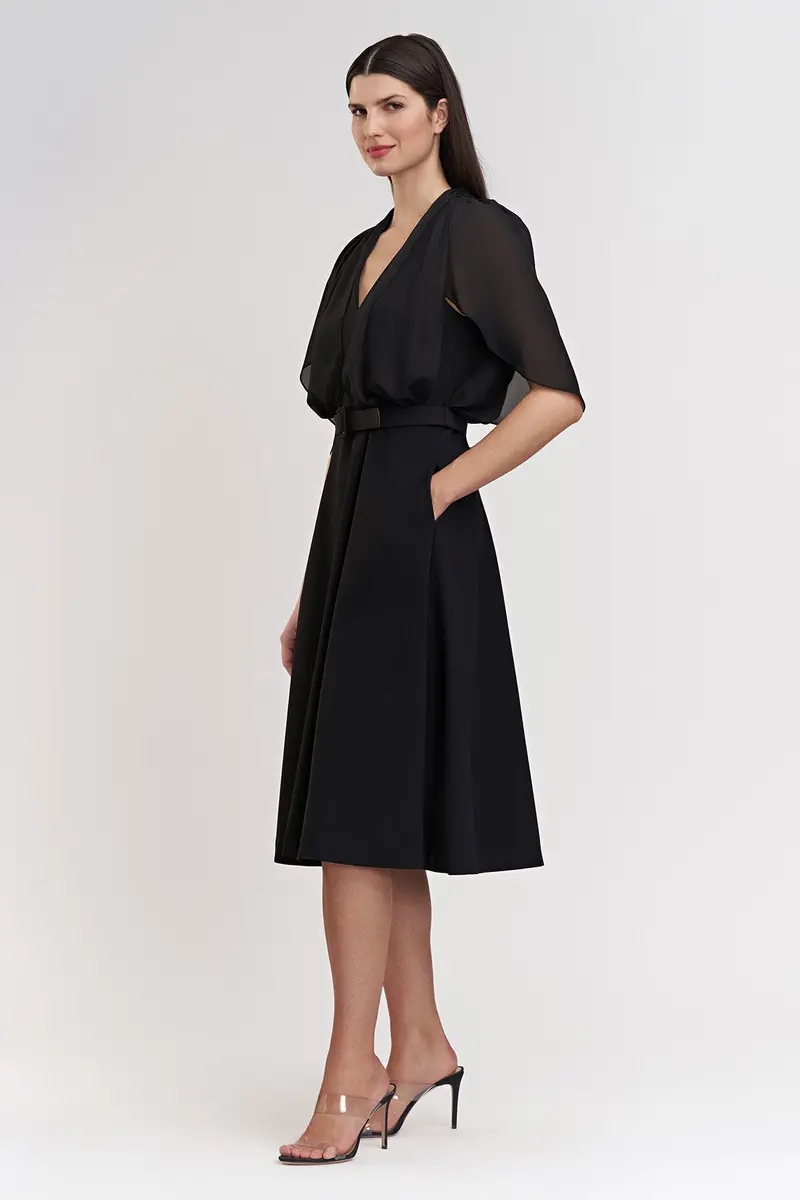 Deanna Stretch Crepe Midi Dress with Chiffon Capelet