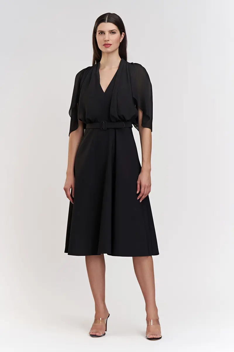 Deanna Stretch Crepe Midi Dress with Chiffon Capelet