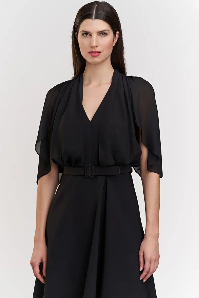 Deanna Stretch Crepe Midi Dress with Chiffon Capelet