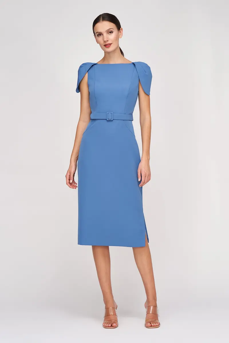 Deep Sky Stretch Crepe Midi Dress with Petal Sleeves